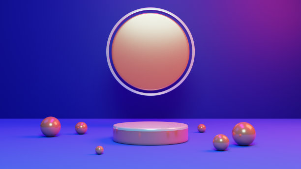 3d渲染基座或讲台模型与复古的80年代网络霓虹灯背景，空平台的产品展示，复古霓虹灯插画。图片下载