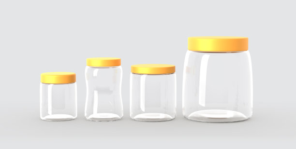不同形状的空白玻璃或塑料罐与金色盖子隔离在灰色背景。真实的空透明容器模型散装产品，罐头和保存食品图片下载