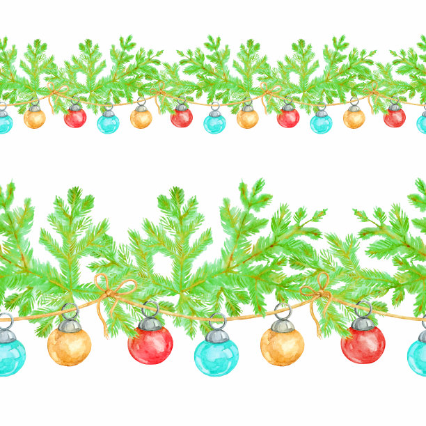 绿色的云杉树枝和圣诞球。圣诞树。无缝的边界。水彩手绘艺术。艺术插图。图片下载