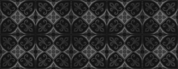 无缝黑色无烟煤灰色古董破旧的花叶印花拼接方形动机马赛克瓷砖石头混凝土水泥墙纹理背景横幅图片下载