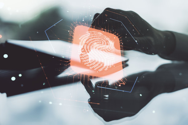 多曝光抽象指纹扫描接口和手工作与数字平板电脑的背景，数字接入概念图片下载