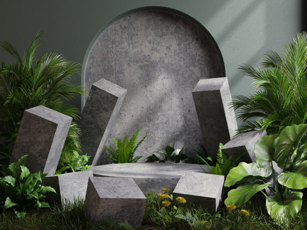 热带森林的混凝土平台，产品展示的后面是绿色的墙。图片下载