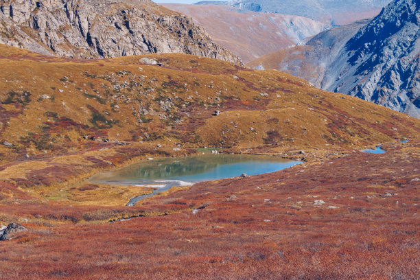 高山冰川湖。风景如画的隐蔽地点在山上。户外风格度假。冒险旅行中有野生动物，没有人。山涧风景库存照片图片下载