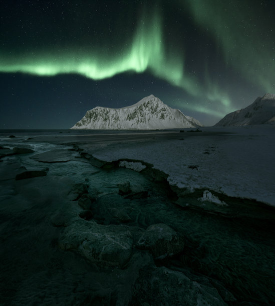 罗浮敦斯卡格桑登海滩的北极光，还有雪山。图片下载