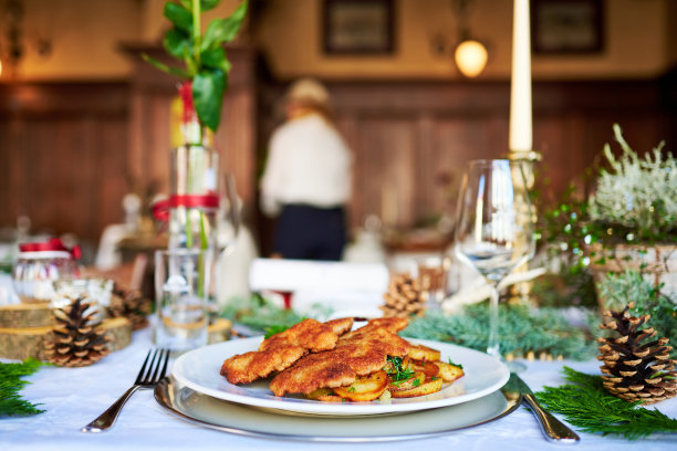 用炸土豆装饰的维也纳炸肉排图片下载