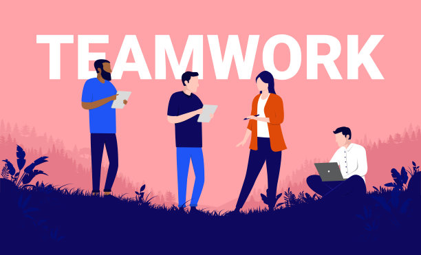团队合作矢量插图与字和四个业务人员图片下载