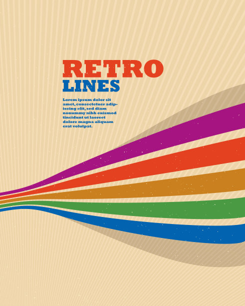 线性矢量抽象背景在彩虹的所有颜色，复古风格的线在3D立体视角，复古海报艺术。图片下载