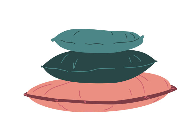 粉红色和绿色枕头堆叠，矢量平面插图，孤立，卡通。图片下载