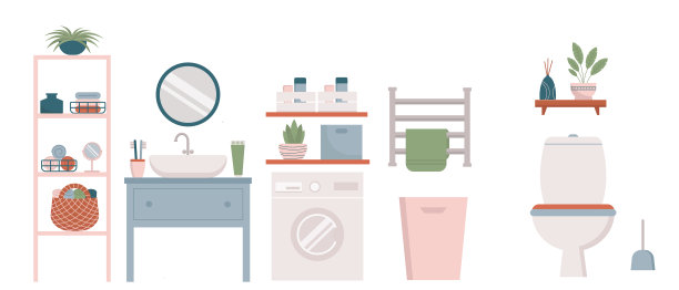 现代浴室和厕所内部家具和设备:便盆，水槽，镜子，洗衣机，洗衣篮。架子上放着植物、毛巾、化妆品。一组浴室元素。图片下载