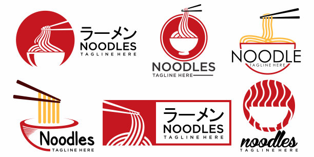 拉面标志设计插画。拉面菜单图标设置logo模板与碗。日本的食物。图片下载