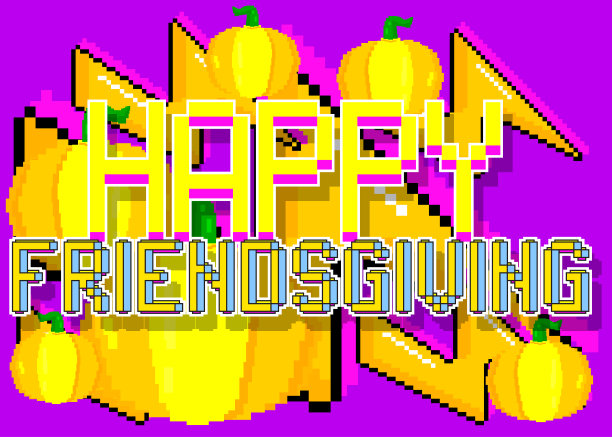 Friendsgiving快乐。像素字与几何图形背景。向量卡通插图。图片下载