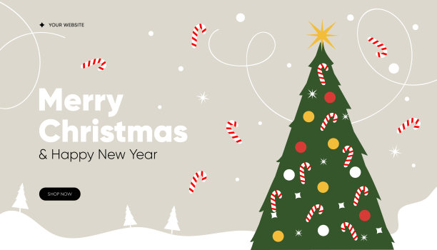 网上圣诞促销横幅。圣诞树装饰。新年来临，社交媒体横幅，网站或页面问候，矢量图片下载