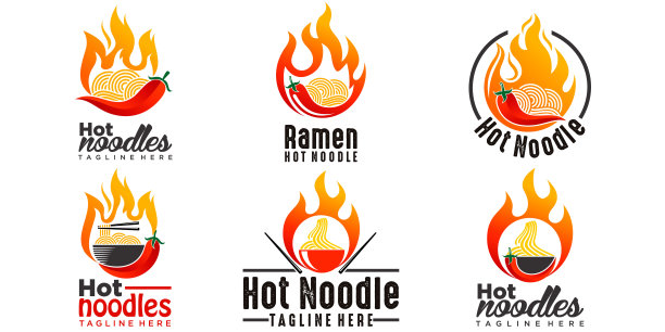 辣拉面图标集标志设计插画与碗，辣椒和热的火。图片下载