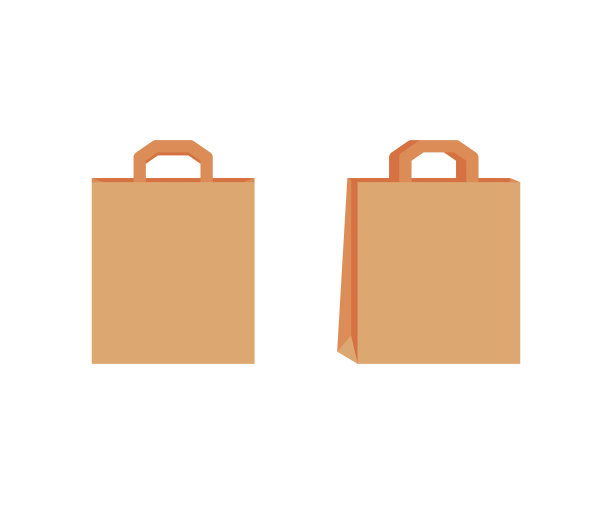 有提手模板的购物纸袋。棕色工艺纸包装的礼物，食品，项目。外卖，环保袋快递服务。模型前面和半转。矢量图图片下载