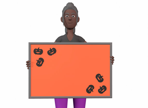 一个黑人女孩拿着一块橙色的书写板，角落里有南瓜图案，准备在万圣节进行3d渲染图片下载