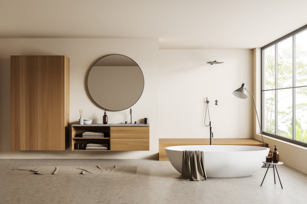 浴室内部配有水槽和灌洗器，浴缸和全景窗图片下载