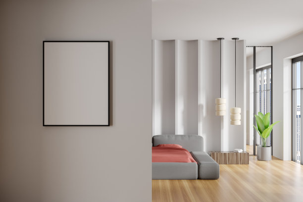 卧室内饰有床和床头柜。模型框架图片下载