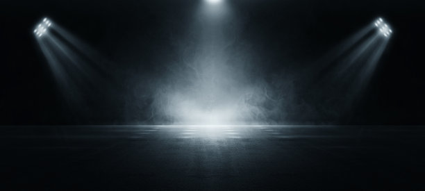 黑暗的舞台，深蓝色的背景，空旷的黑暗场景，霓虹灯和聚光灯，混凝土地板和工作室的烟雾漂浮在室内的纹理，用于展示产品图片下载