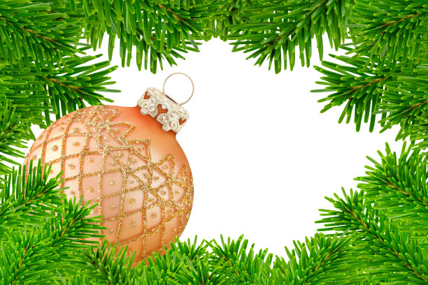 圣诞装饰，冷杉树枝和球孤立在白色背景图片下载