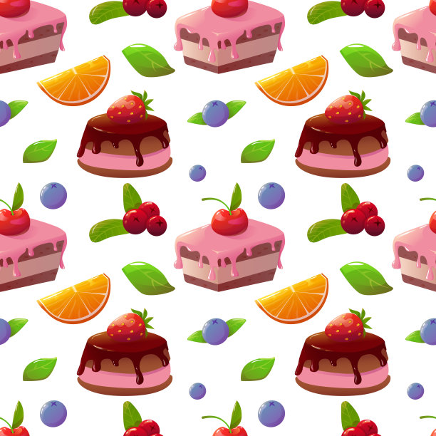 蛋糕的无缝图案
在一个孤立的背景上用浆果和树叶装饰
矢量插图。图片下载