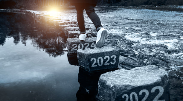 女性正在跨过2023、2024和2025年新年的垫脚石图片下载