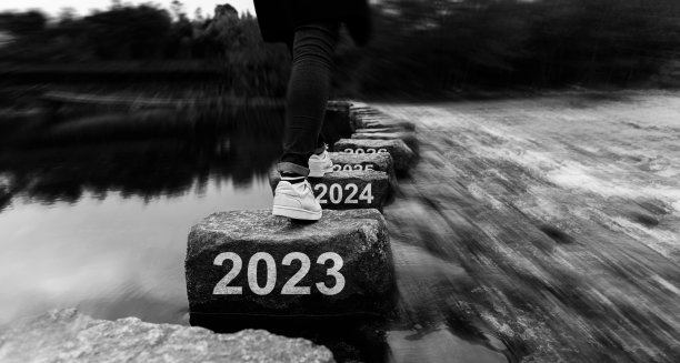 女性正在跨过2023、2024和2025年新年的垫脚石图片下载