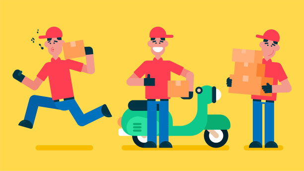 快递员飞快地跑着下单，自行车旁边立着Ok牌，拎着纸箱，带着红帽的快递，扁平的头像矢量插画。图片下载