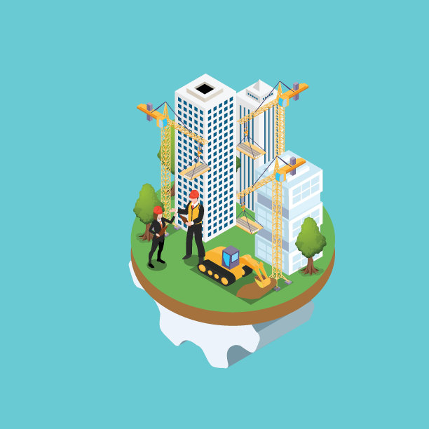 戴着安全帽的工程师讨论新的房地产项目3d等距图片下载