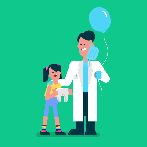男牙医戴着面具，拿着一个大气球，在孩子拔牙后送给她，男牙医对孩子表扬，扁平的头像矢量插画图片下载