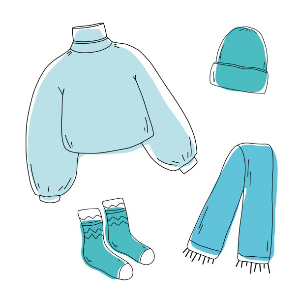 暖和的衣服。针织毛衣，帽子，围巾和袜子。涂鸦秋冬服装矢量收藏。矢量草图图标隔离在白色上。季节性的设计元素图片下载
