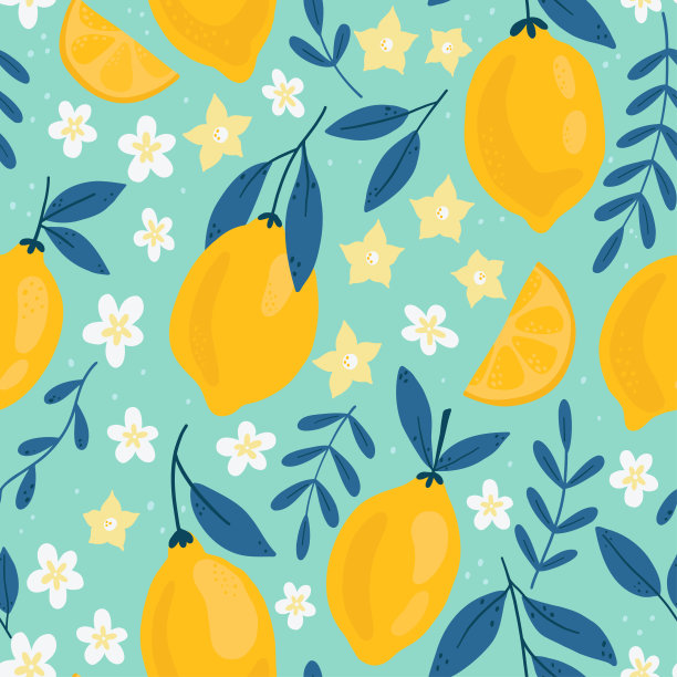 热带无缝图案与黄色柠檬在蓝色背景。时髦的手绘纹理。水果无缝模式。设计纸张，封面，织物，厨房装饰，床单图片下载