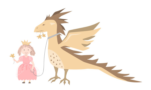 可爱的卡通小公主和大善良的龙。手绘矢量插画关于友谊女孩和童话龙图片下载