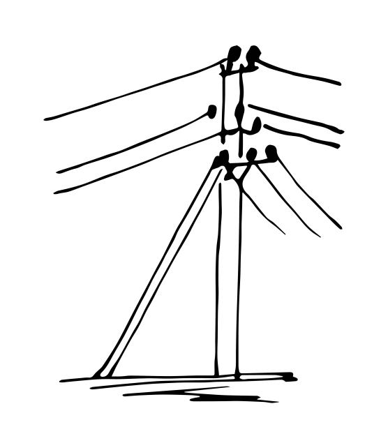 简单的手绘黑色轮廓矢量插图。白色背景上有电线的旧电杆。能量转移。墨水草图。图片下载