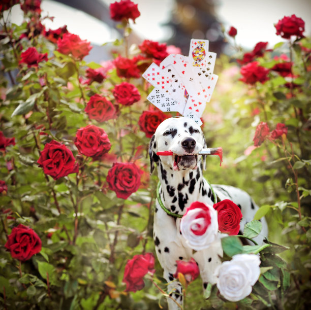 达尔马提亚狗把玫瑰涂成红色作为卡牌皇后的coser图片下载