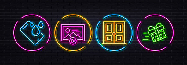 智能手机防水，开始展示和门最小线图标。对于web应用程序，打印矢量图片下载