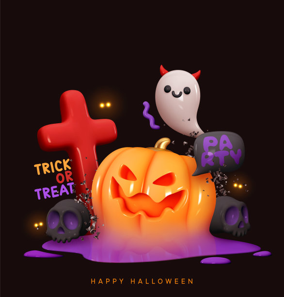 万圣节快乐背景。节日万圣节海报，网页横幅，贺卡，派对邀请的封面。色彩鲜艳逼真的3d设计元素橙色南瓜和幽灵。矢量图图片下载