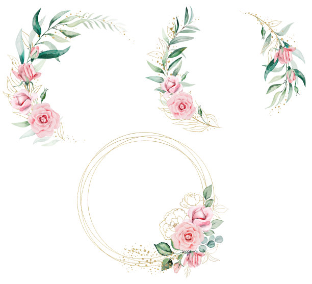 花束，花环和框架由粉红色水彩花和绿叶，插图图片下载