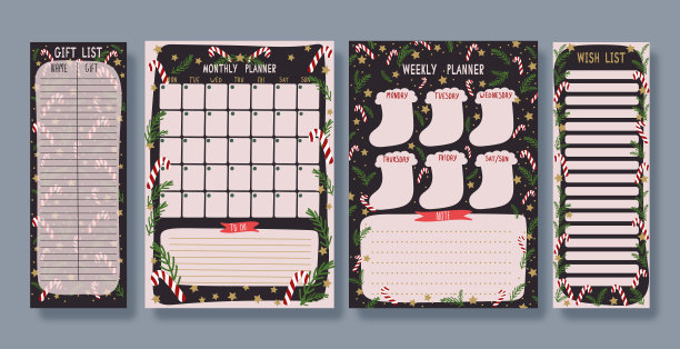 一套可爱的计划与传统的圣诞插图。每月计划，每周计划，愿望清单和礼物表与圣诞元素的黑色背景。圣诞节和新年的计划图片下载