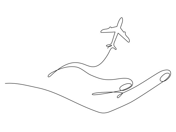 人的手握着飞行的飞机连续的线条艺术绘画。图片下载