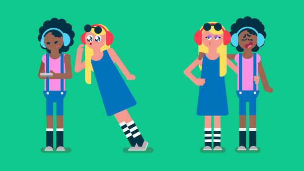 偷看朋友手机的金发少女，戴着耳机拥抱朋友的非洲裔黑人女孩，黑白人物扁平头像矢量图图片下载