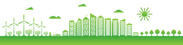 生态城市与环境保护。可再生能源。绿色城市有电动汽车、充电站、风能、太阳能电池板。图片下载