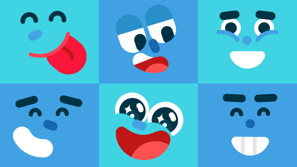 一套彩色的表情包，微笑，大笑，美味，闪烁的眼睛，自信，快乐的人物面部表情，集合孤立的表情包矢量插画平面图标集，用于动画。图片下载