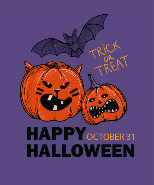 万圣节可怕的南瓜和蝙蝠。万圣节手绘插画快乐。雕刻海报，邀请，卡片，横幅图片下载