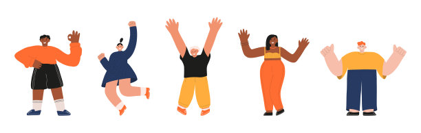 一群快乐的人。人们表达快乐、积极的情绪。好的手势，握紧拳头，竖起大拇指。不同国籍的男人和女人被隔离在同一背景下。平面卡通矢量插图图片下载
