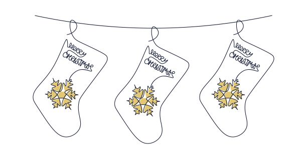 悬挂圣诞袜。假期的袜子。单线连续插图。线条艺术风格的年画。一句圣诞快乐。简单的风格。图片下载