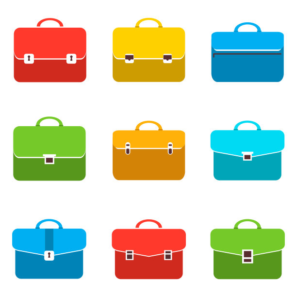 公文包，一套彩色卡通商务公文包在一个白色的轮廓。矢量插图。向量。图片下载