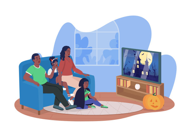 家庭恐怖电影之夜的万圣节2D矢量孤立插图图片下载