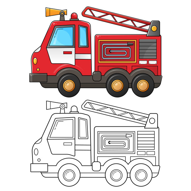 卡通消防车轮廓涂色页。专业的运输。儿童填色书。图片下载