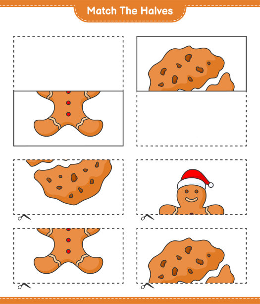匹配的部分。把姜饼人和饼干对半。教育儿童游戏，可打印的工作表，矢量插图图片下载