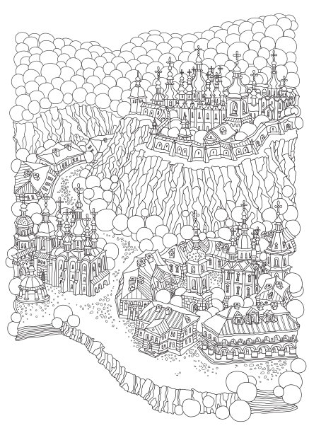 矢量梦幻景观，童话般的中世纪城镇建筑，河岸上的教堂，森林小山。成人和儿童涂色书页图片下载